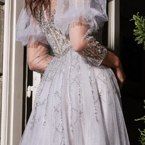 SILVER BEADED PROM PARTY WEDDING EVENING FORMAL A-LINE PUFF SLEEVE GOWN CD707 - Picture 5 of 7
